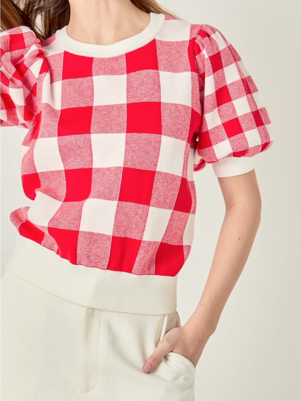 English Factory Gingham Puff Sleeve Sweater (Size S)